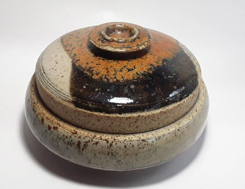 Handmade Artisan Pottery Bowl With Lid In Neutral Earth Tones Signed 8"