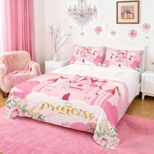 Princess Twin Bedding Sets for Girls,Pink Castle Dreamy Bed Sheet Set Kids Be...