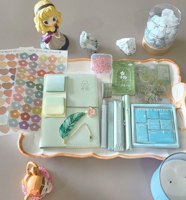 (Green) Flowers stationery set: tapes; stickers; notebook; memo; scissors; pens