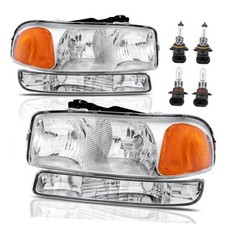 Headlight Assembly Front Lamp Compatible with Chrome/Clear/Amber With Bulb