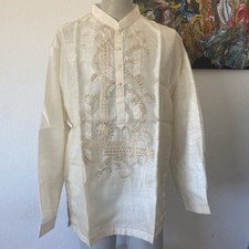 Men's Cream Embroidered Long-Sleeve Shirt - Traditional Style Barong Tagalog 3XL