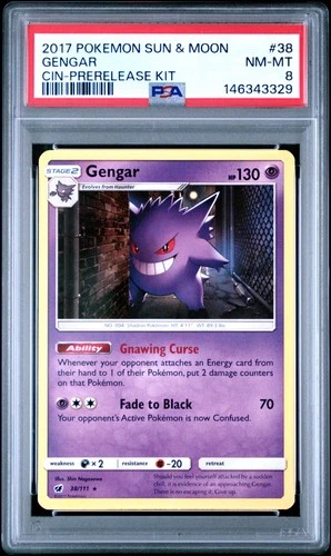 2017 POKEMON SUN & MOON CRIMSON INVASION PRERELEASE KIT #38 GENGAR PSA 8