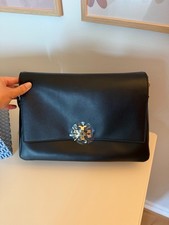 Tory Burch Large Charlie Shoulder Bag Black Leather Gold Hardware