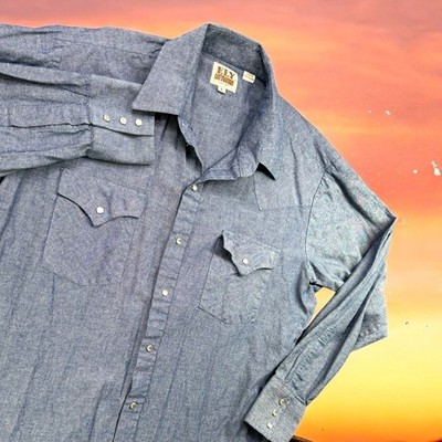Ely Cattleman Western Shirt Mens L Chambray Blue Pearl Snap Long Sleeve Cowboy