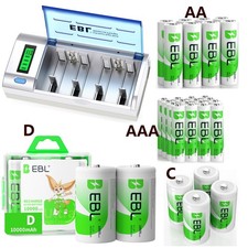 Lot EBL C D Size Cell Rechargeable Batteries AA AAA Battery , Optional Charger