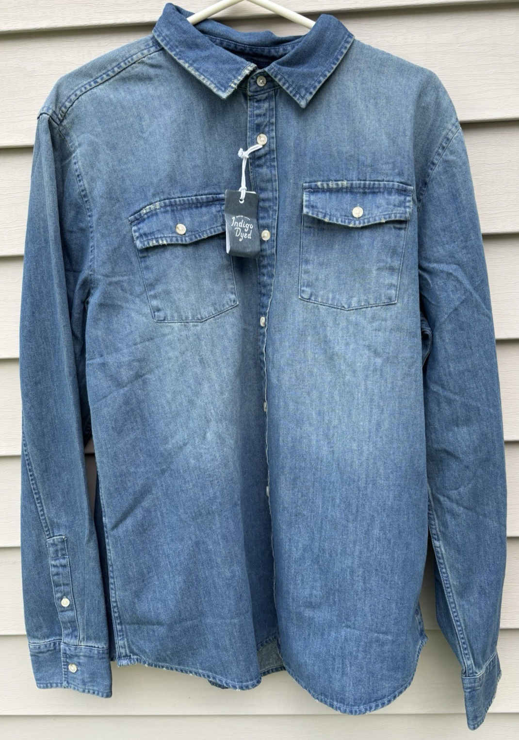 New Marine Layer Dark Wash Denim Shirt Men's Size Large Distressed Look NWT $128