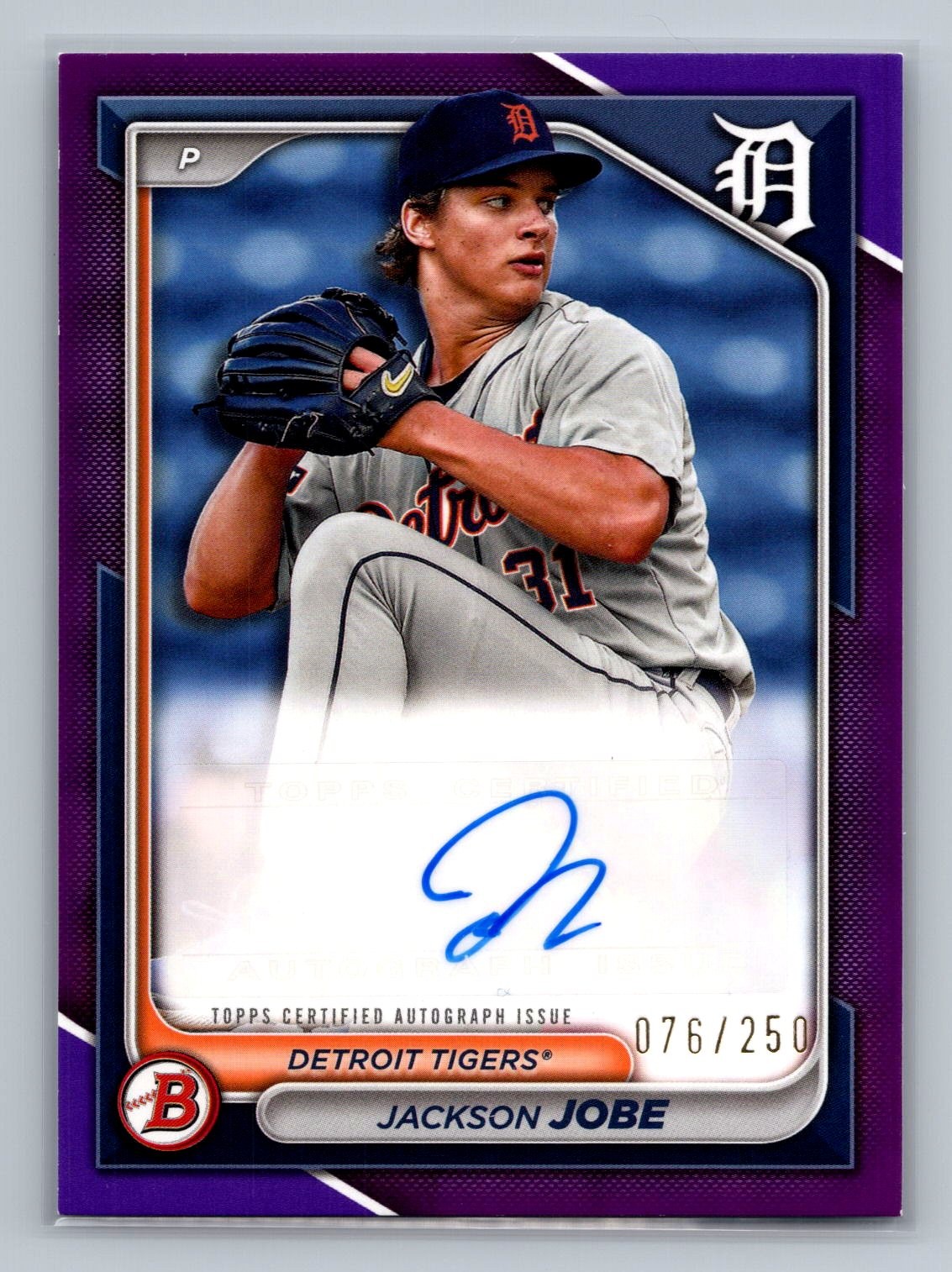 Jackson Jobe 2024 Bowman #PPRA-JJ Prospects Autographs Purple #/250 Tigers