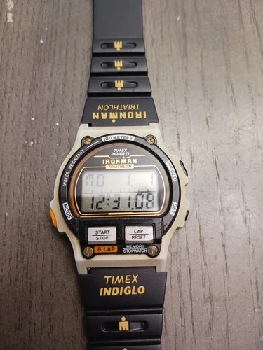 MENS  Vintage TIMEX  90s Ironman Triathlon Watch  Indiglo 8 Lap 100M, New Band