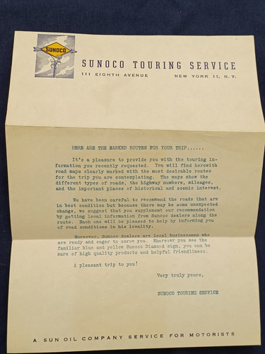 1950'S SUNOCO / SUN OIL CO. TOURING SERVICE LETTER OF INFO TO CUSTOMER