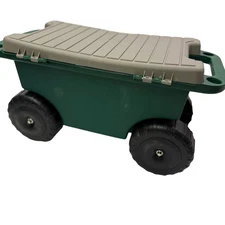 Rolling Garden Cart with Plastic Seat Storage Bench and Tool Tray