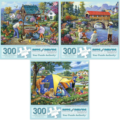 - Value Set of Three (3)- 300 Pc Summer in the Village, Fishing by a Covered Bri