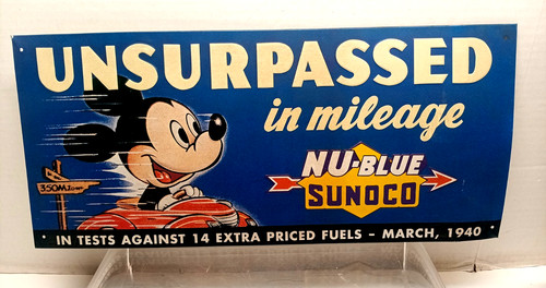 NU-Blue SUNOCO Mickey Mouse Embossed Metal Sign 18.5" x 8.5" VGC