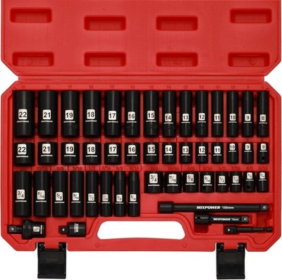 MIXPOWER 3/8'' Drive Deep Impact Socket Set, 6 Point, 49 Piece Standard SAE