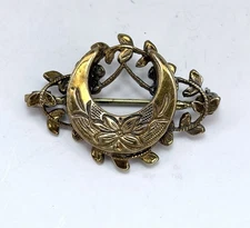 Victorian Revival Golden Crescent Pin w/ Flowers & Vines