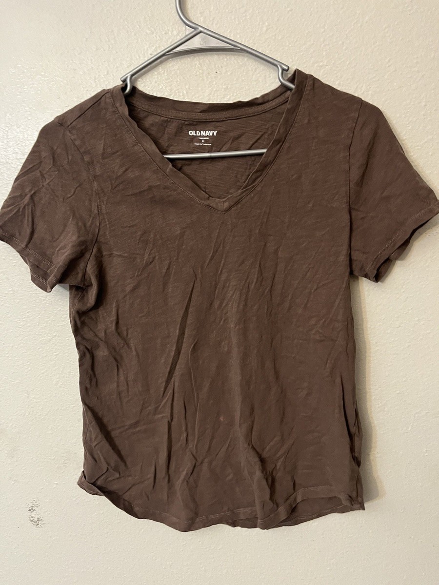 Old Navy Everywear Womens Solid Brown Cotton V Neck Short Sleeve