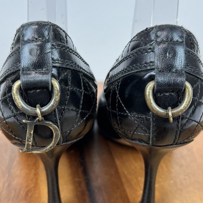 Womens Christian Dior Black Leather Grommet Accent Peep Toe Pumps
