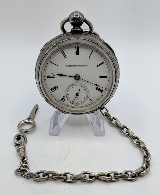 1886 Hampden Key Wind/Key Set Silver Pocket Watch With Chain - Running