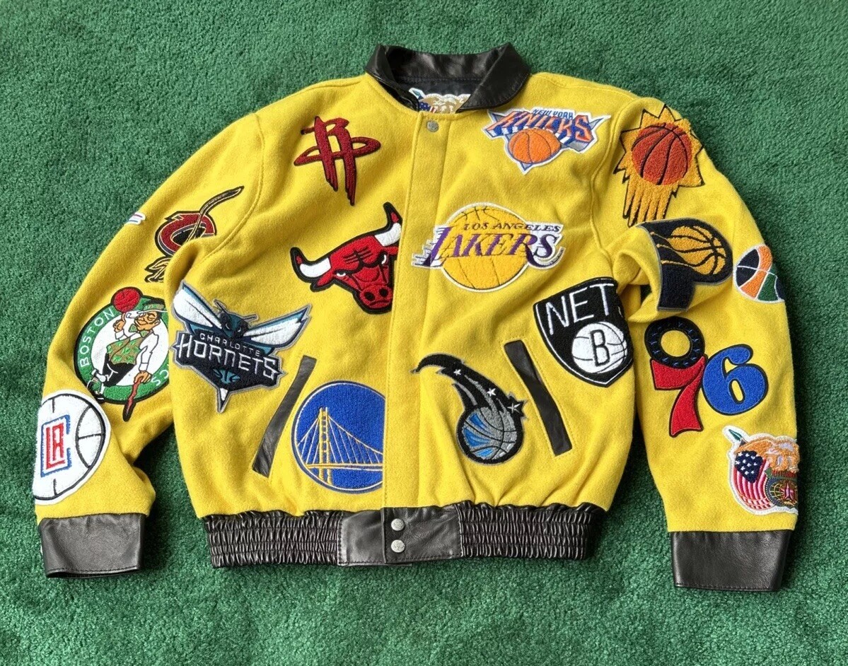 Jeff Hamilton Autograph NBA Collage Wool and Leather Jacket Yellow