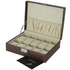 Watch Box Storage Case Brown Leather For 10 Watches With Lined Pocket 
