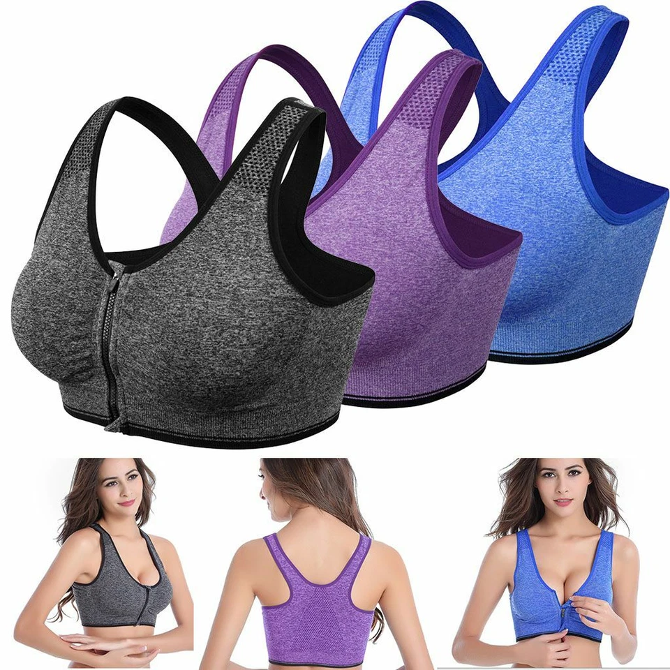 US Women's Front Zip Sport Bra Push Up High Impact Wireless Padded Yoga Gym Vest - Image 4 of 4