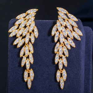 Authentic Yellow Gold Cubic Zircon 925 Silver Leaf Long Dangle Feather Wing Women Earrings
