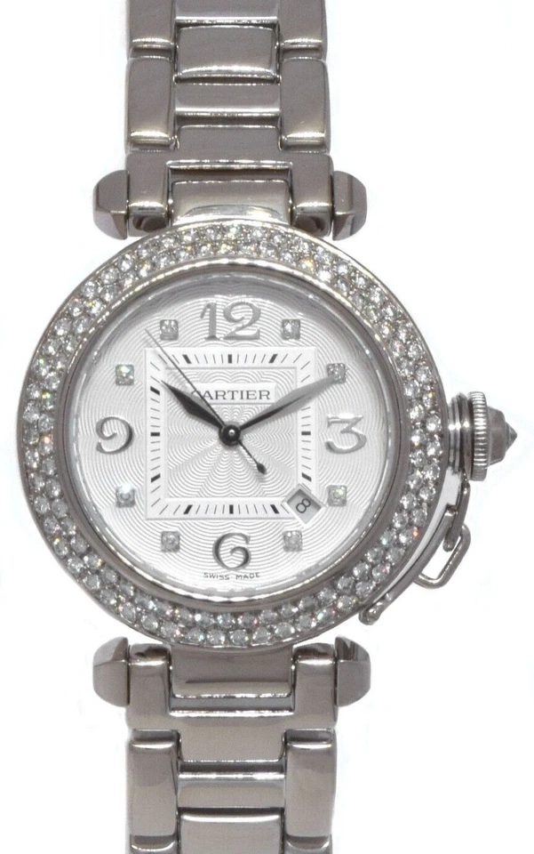 Reloj automático Cartier Pasha 2398 de 32 mm con esfera/bisel de diamantes de oro blanco de 18k para dama
