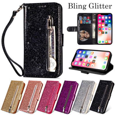 For iPhone 11 12 13 14 15 16 XS Bling Glitter Leather Wallet Card Slot Case