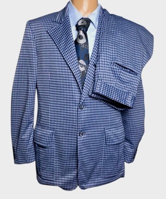 Vtg 70s Merit 2 Piece Leisure Suit Blue Houndstooth Men 42R 34x31 Retro Mad Men 