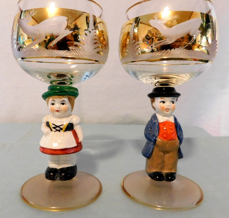 Vintage Figural Stemmed Goblets German Girl & Boy Gold Flashing Deer Geese