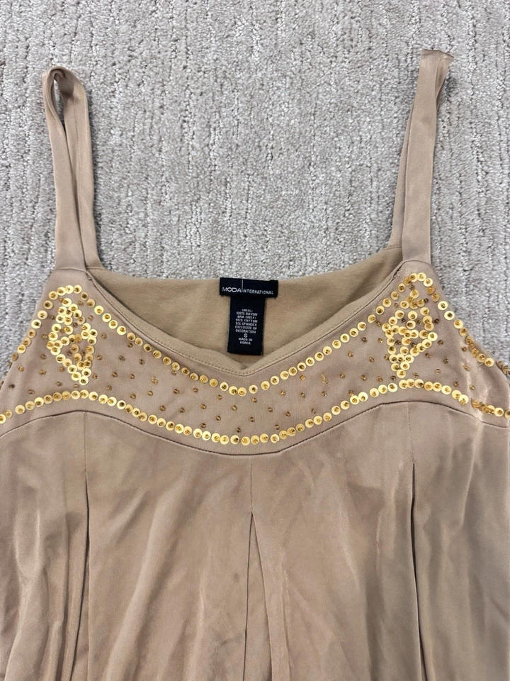 Moda International Vintage Beaded Sequin Tank Top Cami Tan Pleated Small Y2K 90s - Image 2 of 4