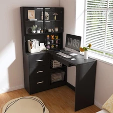 L Shaped Corner Computer Desk Home Office Desk W/Glass Door Cabinet LED Black