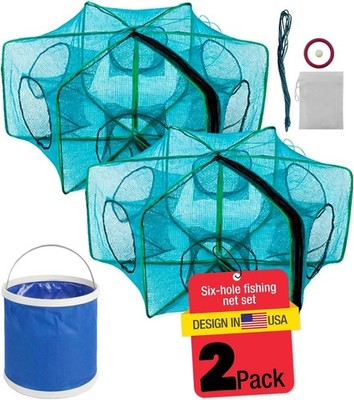 Foldable Fishing Bait Trap Net, 6-Hole Collapsible Cage for Minnow & Crab