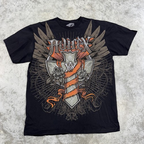 Avirex Shirt Mens Extra Large Black y2k grunge Cross Wings Roses Tattoo Tee XL