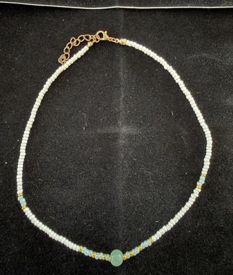 White Beaded Ball Chain Necklace Green Round Center Bead Gold Tone, Adjustable