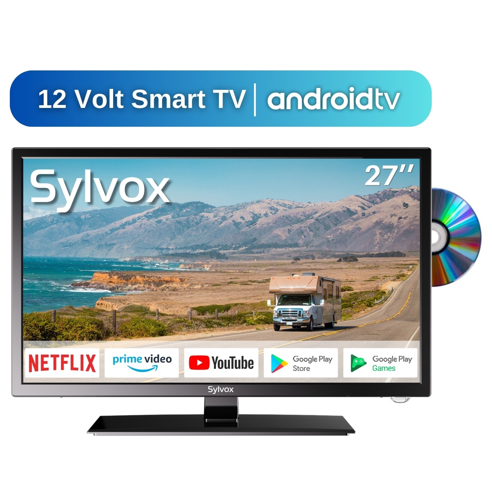 Sylvox 27 inch 12V RV TV Smart TV Built-in DVD for Car Campe