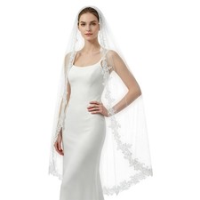 Lace Bride Wedding Veil Fingertip Length Floral Edge with Pearls - Bridal