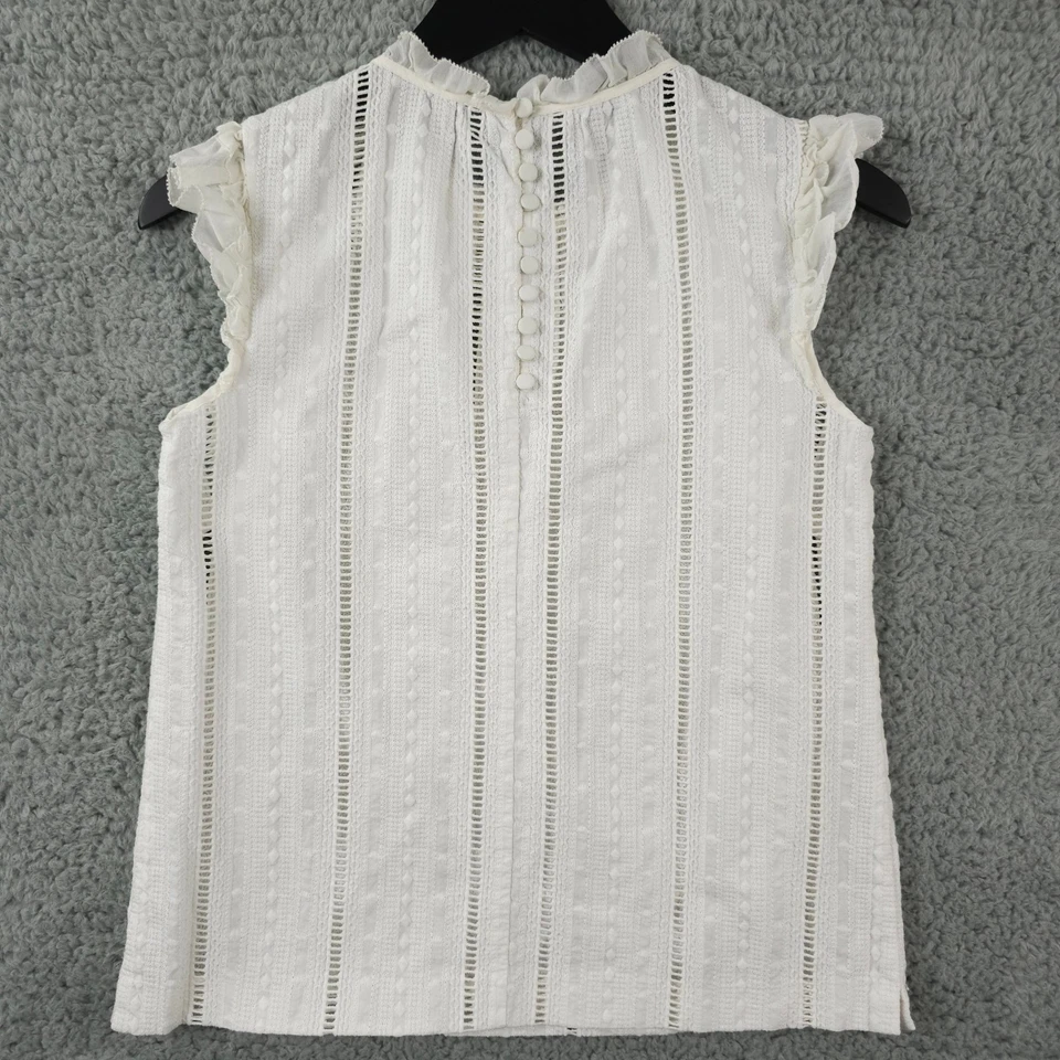 J Crew Shirt Womens 2 Cream Eyelet Ruffle Mock Neck Sleeveless Top Blouse FLAW - Image 2 of 4