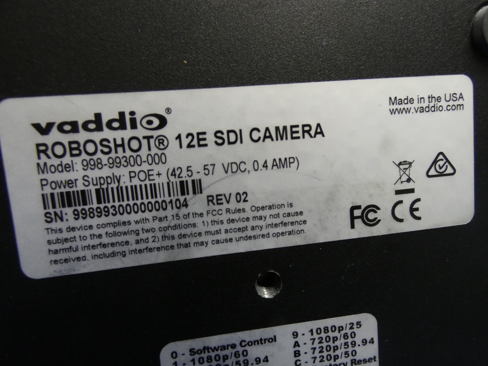 Vaddio RoboSHOT 12E 3G-HD/SDI PTZ Camera w/Box, Power Supply, Remote, Cable