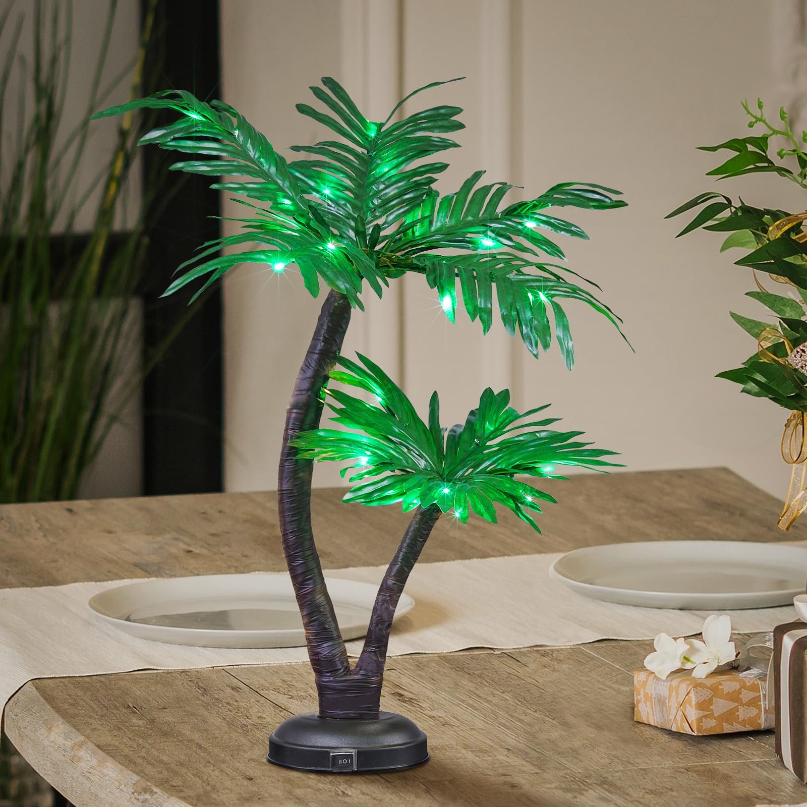 24-Inch LED Palm Tree Bonsai with 25 Lights, Battery or Plug-In Option, Green Glow