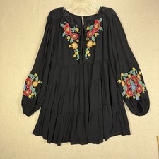 Free People Spell on You Black Floral Tunic Mini Dress XS Boho Hippie Gypsy