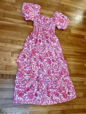 Boutique Pink Floral Smocked Puff Sleeve Maxi Dress Size Large