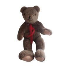 Vintage Teddy Bear, Brown Fur, Red Ribbon, Classic Plush Toy