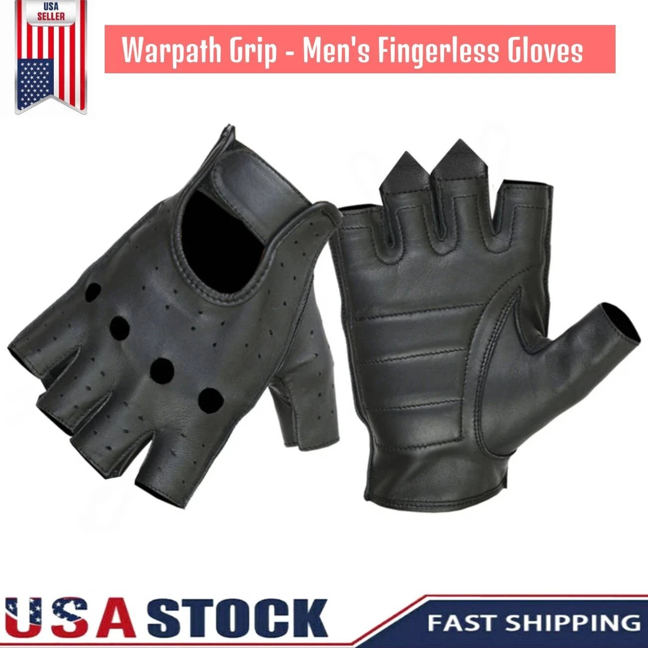 Leather Fingerless Men's Driving Motorcycle Biker Gloves Black With Grips S-3XL