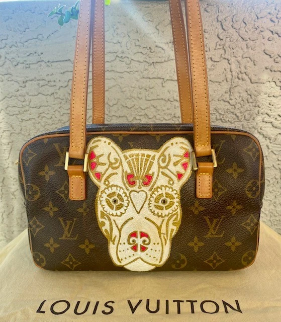 Auth Louis Vuitton Monogram City MM Custom Hand Painted Dog sugar skull  #SD0052