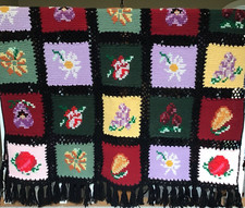 Handmade Afghan Crochet Embroidered Blanket Throw Cottage Core Flowers 43x59"