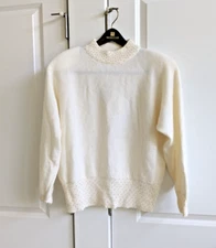 Vtg YarnWorks Sweater Women L Cream Lambswool Angora Mock Neck Pearl Beads Trim