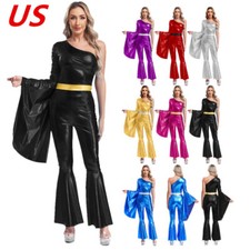 Womens Disco Hippie Costume Shiny Metallic Bell-Bottomed Full Body Jumpsuit