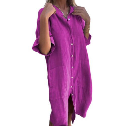 Lässige Baumwoll-Leinenhemden Für Damen Sommerkleider Mit Knöpfen Lange | - Picture 11 of 30