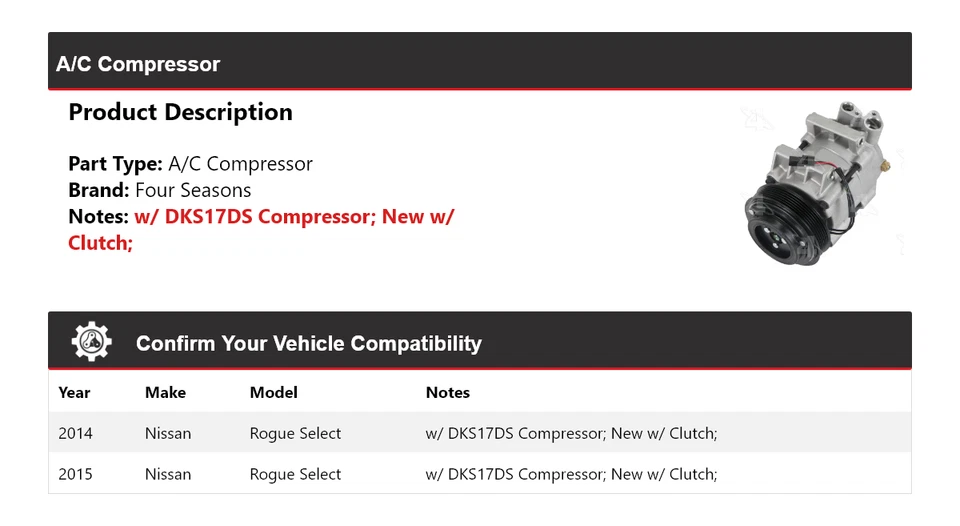 Compresor de aire acondicionado Nissan Rogue Select 2014-2015 4 estaciones Foto 2 de 4