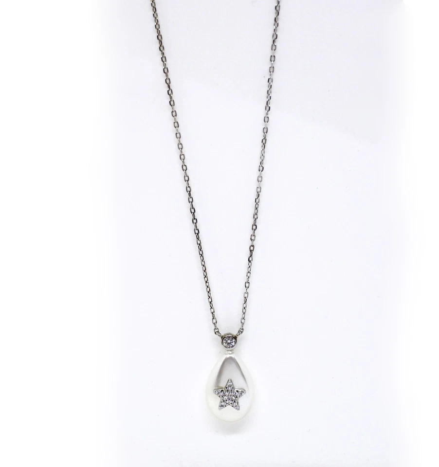 Collana in Argento 925 con Stella, Zirconia e Goccia Smaltata Madreperla - Immagine 2 di 2
